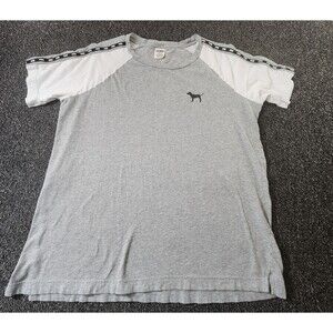 Victoria's Secret PINK Tee Shirt Women's Medium Gray and White Dog Logo Sleeve